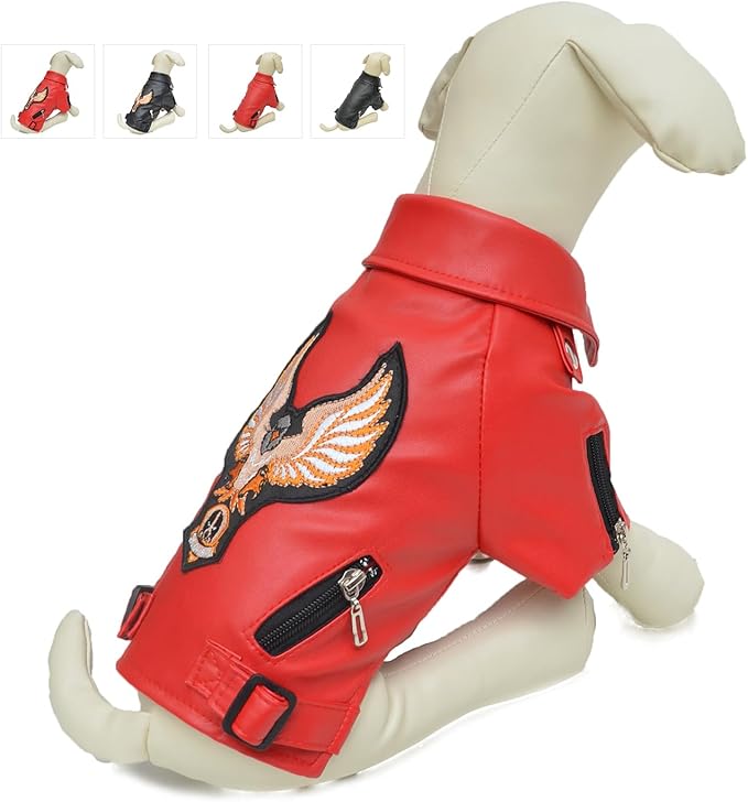 Lovelonglong Cool Dog Leather Jacket, Warm Coats Dogs Windproof Cold Weather Coats for Large Medium Small Dogs with Eagle Embroidery Red B-L
