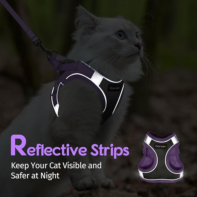 Dooradar Cat Harness and Leash Set, Escape Proof Lightweight Kitten Harness, Soft Breathable Reflective Vest for Outdoor Walking Traveling, Adjustable for Medium Cats, Grey & Purple, M