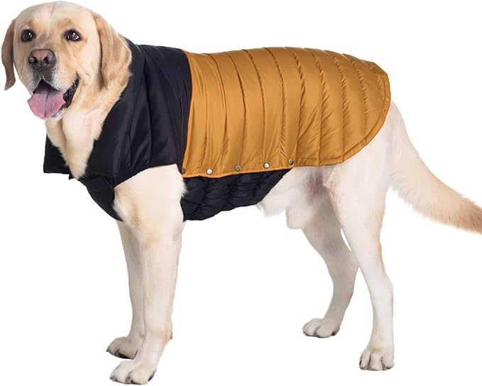 SPACE LION Dog Puffer Jacket, Down Winter Coat, Durable Outdoor Coat for Cold and Windy Conditions, Waterproof, Lightweight Jacket, Adjustable Fit for Small, Medium, Large Dogs(BlackKhaki,24/2XL)