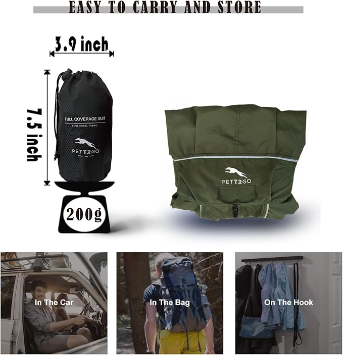 Dog Lightweight Windbreaker, Dog Outdoor 4-Legs Jacket, 0.5 lbs,Durable Water Repellent, Hooded, Easy on/Off with Collar and Harness, Reflective, Packable,Dark Olive -Large (Male)