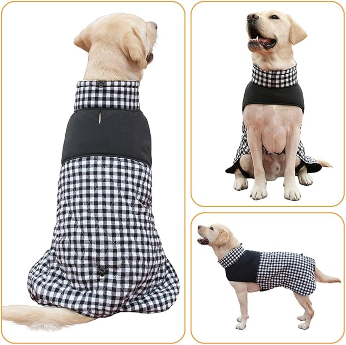 Dog Jackets for Winter, Reversible Dog Coat Windproof Waterproof Jackets for Cold Weather, British Style Plaid Coats Warm Vest for Small Medium Large Dogs (Black, 6XL)