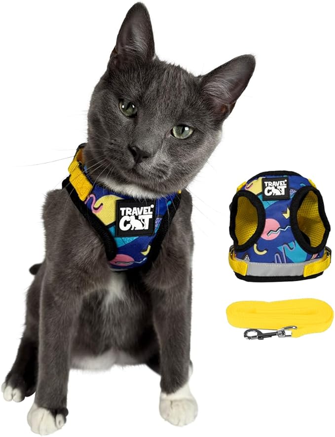 Travel Cat Harness and Leash Set - Adjustable Fit Mesh Harness and Reflective Strap - Comfort Walking Vest for Kitten for Outdoor Walking, Hiking (Large, 90s Cat)