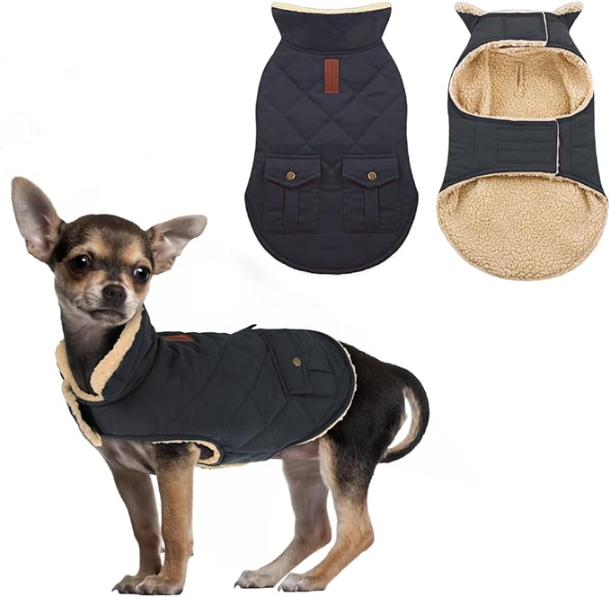 ASENKU Warm Dog Winter Coat, Waterproof Dog Coat for Cold Weather, Fleece Dogs Jacket with Ultra Thick Plush Lining Leash Hole Storage Pockets for Medium Dogs (Navy Blue, Medium)