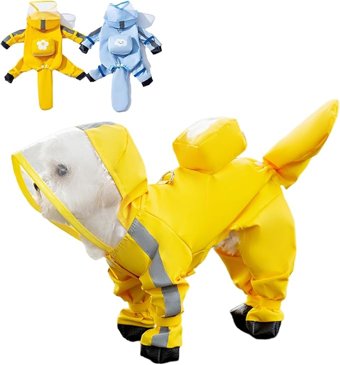 Small Dog Raincoat with Legs, Ideal for Teddy Bears, Waterproof Full Coverage with Mini Backpack, Reflective Hoodie and Detachable Tail (Yellow, Large(Suggest Weight 8.8-13.2lb))
