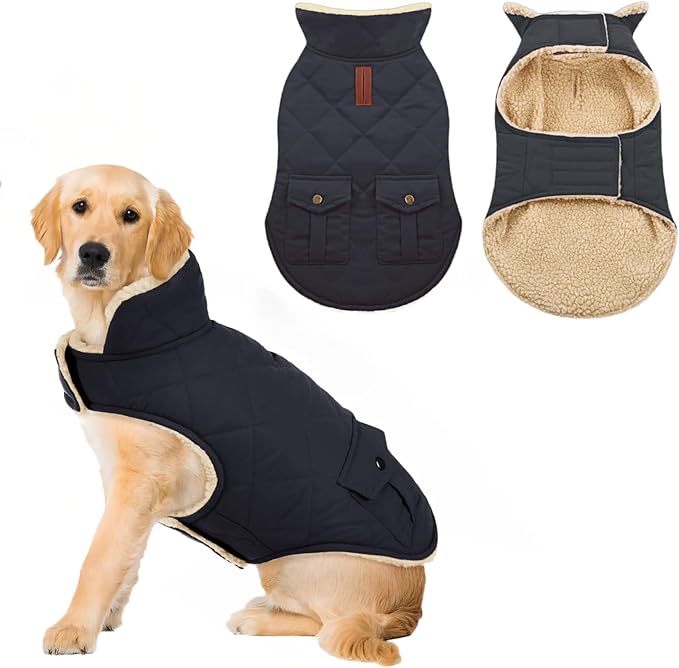 ASENKU Warm Dog Winter Coat, Waterproof Dog Coat for Cold Weather, Fleece Dogs Jacket with Ultra Thick Plush Lining Leash Hole Storage Pockets for Medium Large Dogs (Navy Blue, Large)