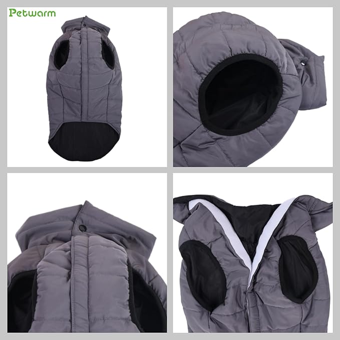 PetWarm Reversible Dog Cold Weather Coats, Waterproof Dog Puffer Vest, Vest for Dogs with Hook-and-Loop Strap, Windproof Outdoor Coat for Winter Walks and Snowy Days, Grey, 2XL