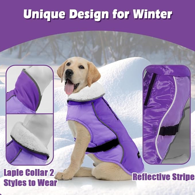 EMUST Dog Coat Winter, Warm Pet Snow Jacket for Winter, Adjustable Small/Medium/Large Dog Coat, New Purple, L