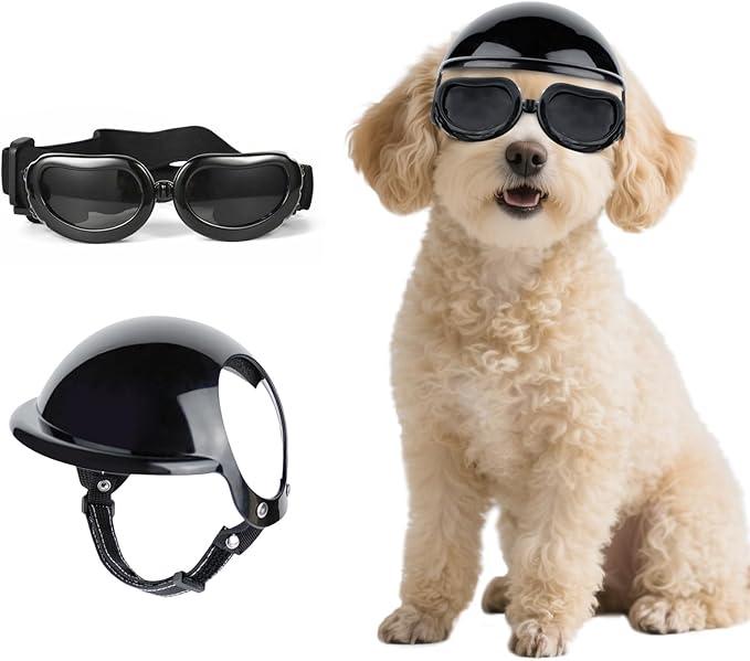 Dog Helmet and Goggles Small Breed, UV Protection Dog Goggles and Motorcycle Helmet with Ear Holes Adjustable Straps for Outdoor Biking, Black