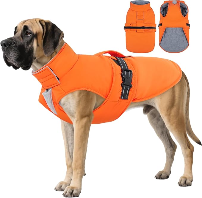 IECOii Dog Winter Coats - Reflective, Adjustable & Windproof Jacket for Cold Weather, Soft Fleece Lined & Quick Release Buckle & Waterproof Snow Vest for Camping, Orange, Size 4XL