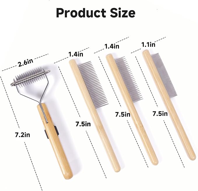 Bamboo Undercoat Rake & Deshedding Comb Set - 4 Piece Pet Grooming Kit with Detangling Brush for Matted Fur Removal, Gentle Massage and Deep Cleaning for Dogs and Cats