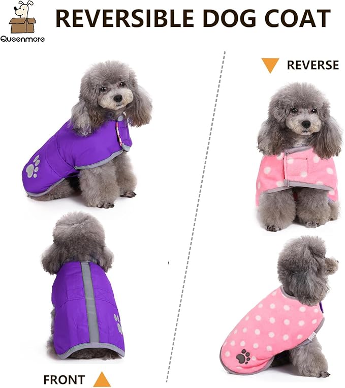 Queenmore Dog Winter Coat, Cold Weather Fleece Jacket for Dogs, Waterproof Reflective Reversible, for Small, Medium and Large Dogs (Purple, XS)