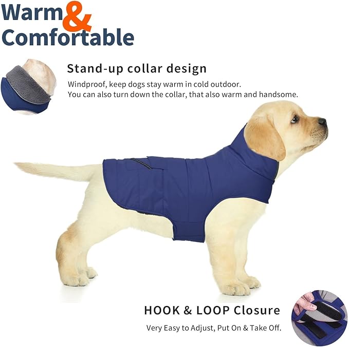 Dog Coat, Waterproof Dog Winter Jacket with Pocket, Reflective Adjustable Pet Snow Vest, Warm Cozy Fleece Sweater for Small Medium Extra Large Dogs - Blue, 2XL
