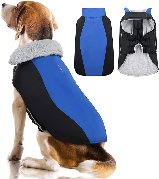Warm Dog Coat,Waterproof Jacket in Winter Adjustable and Reversible Doggy Fleece Outfit,Thick Clothes with Foldable Collar for Puppy in Cold Days,L RoyalBlue