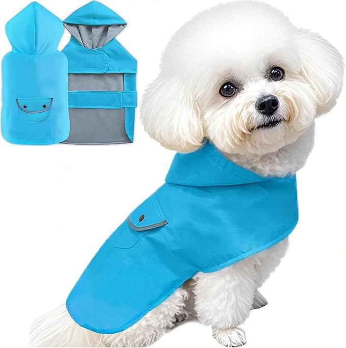 Small Dog Raincoat Dogs Rain Jacket Reflective Poncho Rainwear Waterproof Pet Clothes Warm Lined Pocket Hooded Leash Hole Adjustable for Puppy,Blue,S,Back Length 8.3 Inch