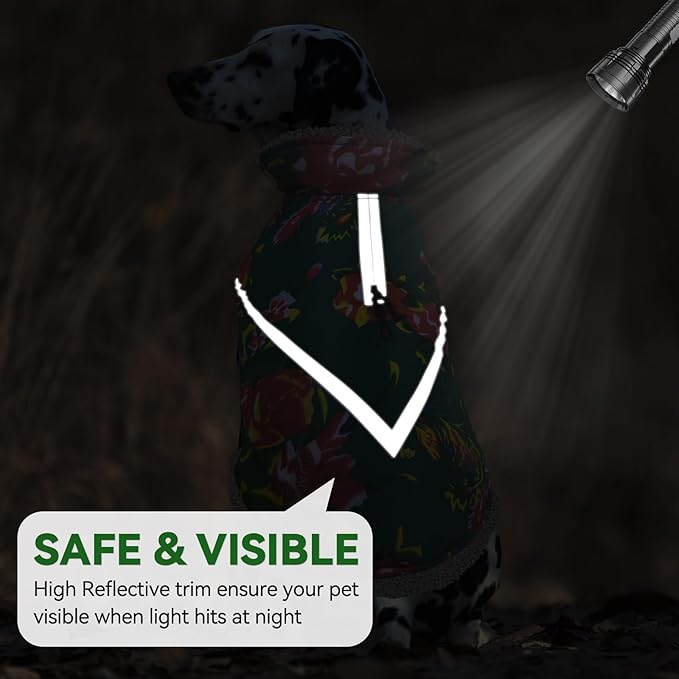 VIVAGLORY Snowrap Dog Coat, Jacket with Harness Hole & Velcro Closure, Dog Coat for Winter & Cold Weather, Fluffy Warm Fleece Lined Reflective Water Resistant for Puppy, L, Northeast Florals-Green