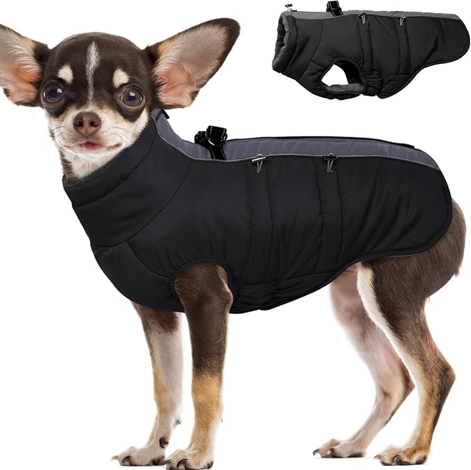 Dog Coat - XS, Warm Zip Up Snowsuit Dog Harness Vest, Reflective, Water-Resistant, Black