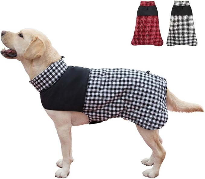 Dog Jackets for Winter, Reversible Dog Coat Windproof Waterproof Jackets for Cold Weather, British Style Plaid Coats Warm Vest for Small Medium Large Dogs (Black, 5XL)
