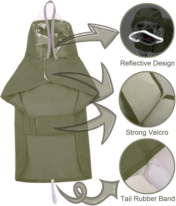 Pet Raincoat Packable Hooded Dog Rain Jacket Reflective Strips Lightweight Adjustable Poncho for Small Medium Large Dogs Army Green XXL, XXL (Back:24 Inches)