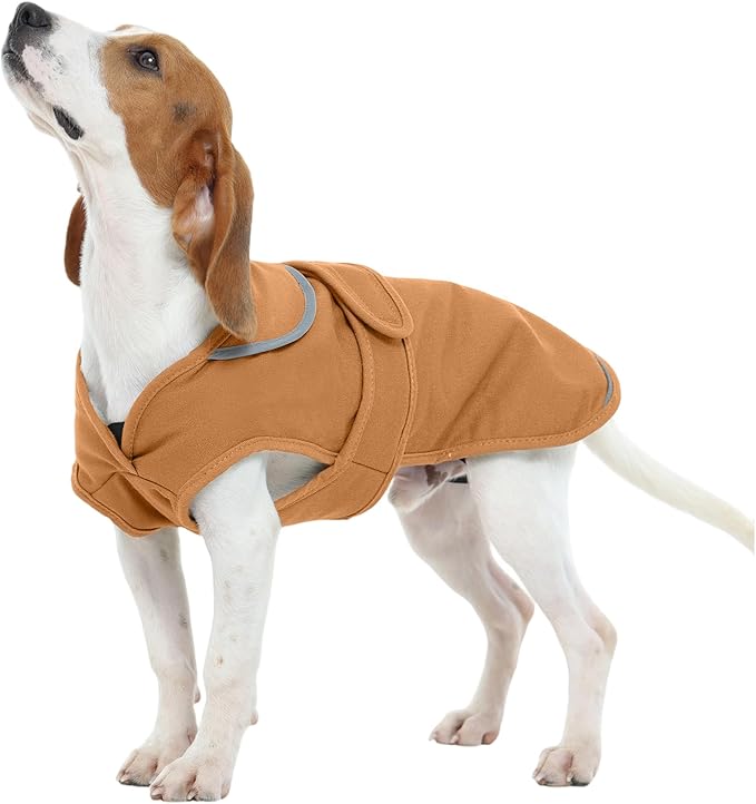 Kuoser Canvas Dog Coat, Warm Dog Jacket Reflective Fleece Pet Cold Weather Coat, Warm Doggie Clothes Waterproof Winter Vest with Zipper Leash Hole for Small Medium Large Dogs, Brown M