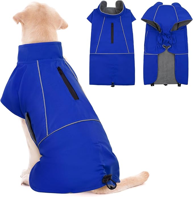 ROZKITCH Dog Snowsuit Raincoat Jacket, Waterproof Rain Jacket with Fleece Liner and Leash Hole Reflective Strip for Medium Large Dog, Adjustable Poncho Vest for Outdoor Hiking Travel Blue XL