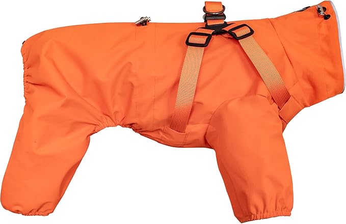 Mile High Life Waterproof Dog Raincoat, Full Coverage Small Dog Rain Coat with Harness, Adjustable 4 Legs Puppy Rain Jacket with Reflective Strip and Elastic Cuffs (Orange, M Back Length 14.6")