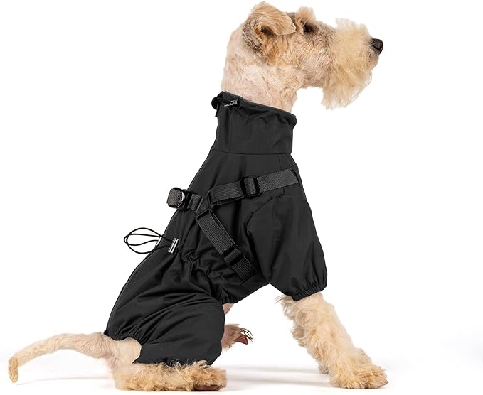 Mile High Life Waterproof Dog Raincoat, Full Coverage Small Dog Rain Coat with Harness, Adjustable 4 Legs Puppy Rain Jacket with Reflective Strip and Elastic Cuffs (Black, XXS Back Length 9.8")