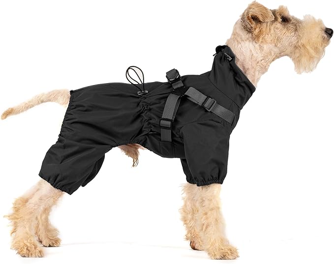Mile High Life Waterproof Dog Raincoat, Full Coverage Small Dog Rain Coat with Harness, Adjustable 4 Legs Puppy Rain Jacket with Reflective Strip and Elastic Cuffs (Black, XS Back Length 11.4")