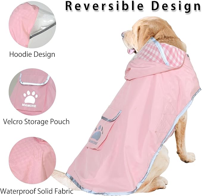 MAMORE Dog Raincoat Reversible,Waterproof Dog Rain Coat Hooded Slicker Poncho with Reflective Strip, Plaid Double Layer Rain Jacket for Small Medium Large Dogs (Pink, Large)