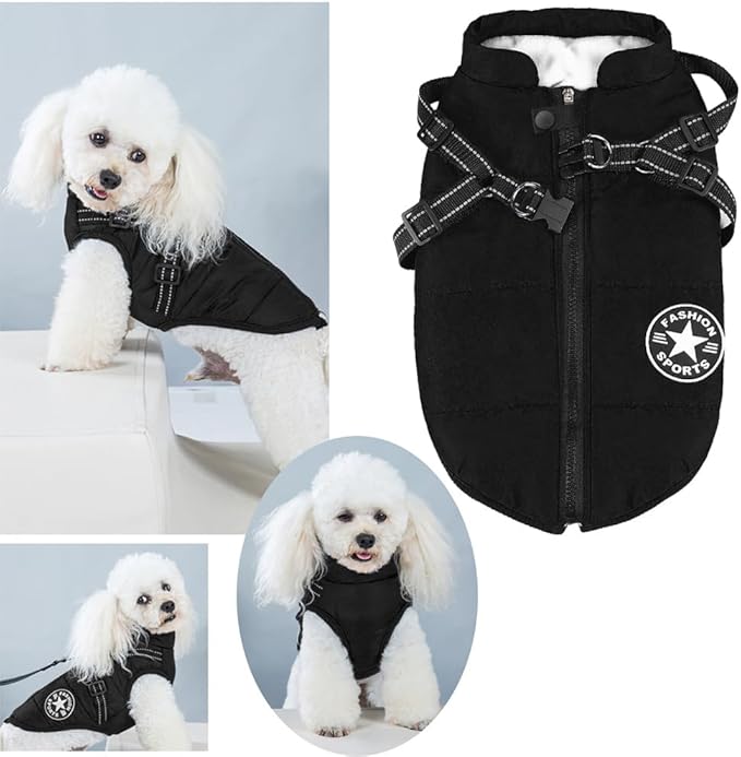 Aiboria Dog Coat for Winter Dogs Jackets Fleece Small Dog Vest Harness Winter Padded Pet Black