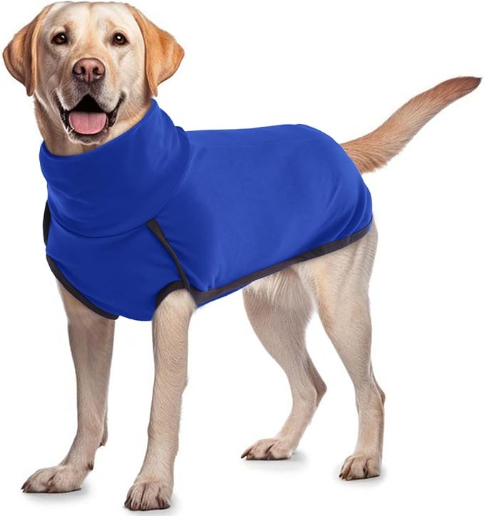 ROZKITCH Dog Fleece Pullover Pajamas with Leash Hole, Pet Windproof Warm Cold Weather Jacket Vest Cozy Jumpsuit Apparel Outfit Clothes for Walking Hiking Travel Sleep Blue XL