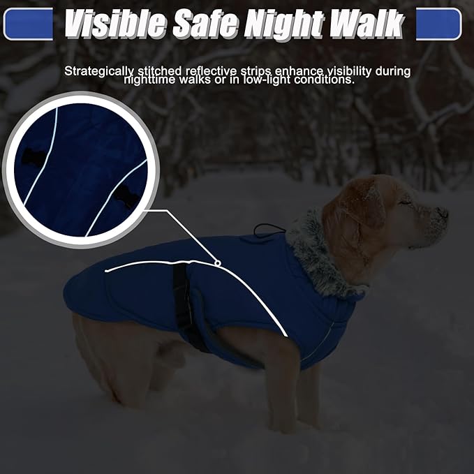 DENTRUN Dog Winter Coat - Windproof Reflective Jacket, Plush Turtleneck & Adjustable Belt, Water Repellent Fleece Lined Cold Weather Vest for Corgi Bulldog, Blue, L