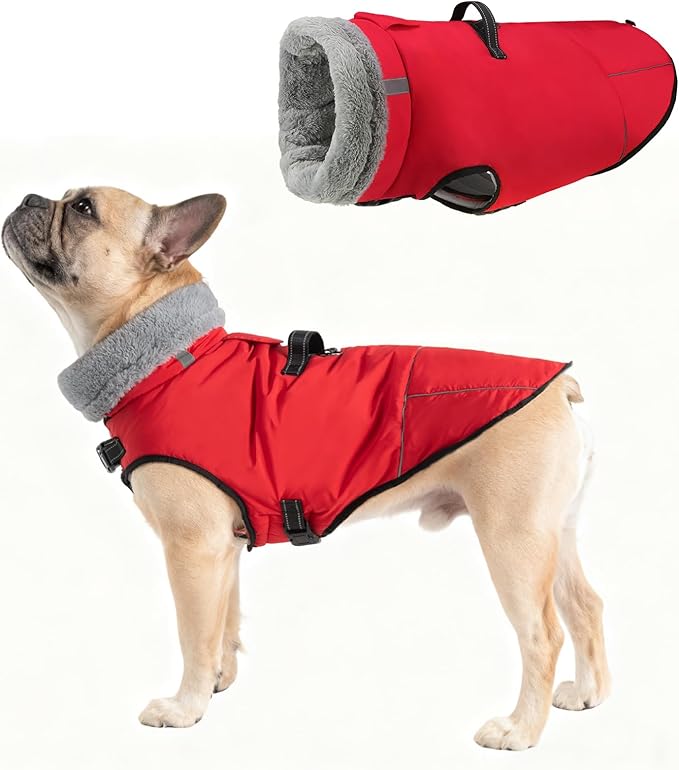 Mihachi Dog Coat for Small Dogs, Warm Dog Winter Coat Waterproof Dogs Jacket with Harness Built in Reflective Pet Fleece Vest, Puppy Cold Weather Coats Turtleneck & Windproof Dogs Snowsuit, Red S