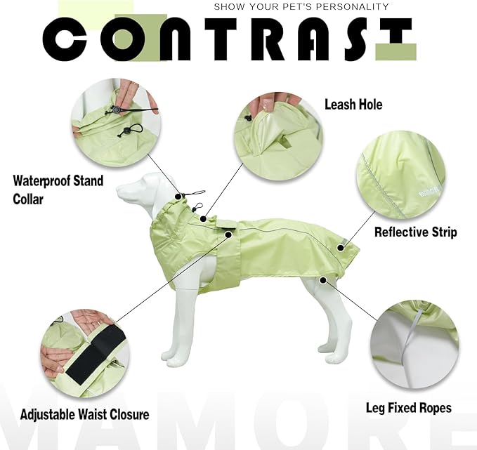 Waterproof Dog Raincoat with Reflective Strip, Adjustable Breathable Rain Coat Jacket with Leash Hole for Dogs (Light Green, Medium)