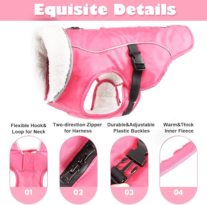 EMUST Dog Coat Winter, Waterproof Pet Snow Jacket for Winter, Adjustable Small/Medium/Large Dog Jackets, Pink, L