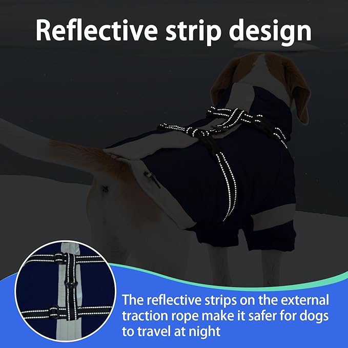 MIGOHI Dog Coat with Harness Built in, 2-in-1 Thermal Water-Resistant Dog Jacket, Windproof Reflective Snowsuit for Extra Large Dogs, German Shepherd, High Collar Design, Navy Blue, 3XL