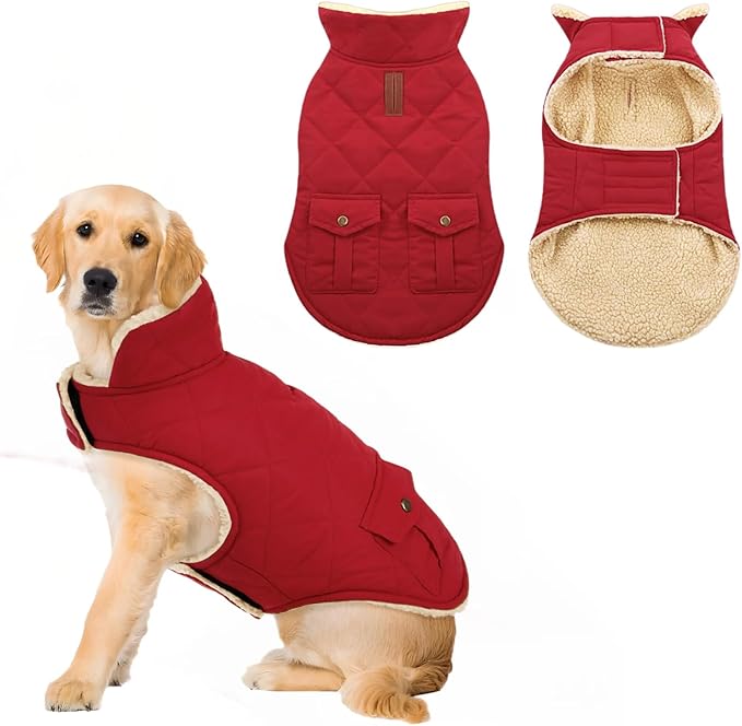ASENKU Warm Dog Winter Coat, Waterproof Dog Coat for Cold Weather, Fleece Dogs Jacket with Ultra Thick Plush Lining Leash Hole Storage Pockets for Large Dogs (Red, Large)
