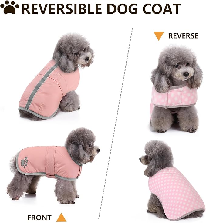 Queenmore Dog Winter Coat, Fleece Puffer Dog Down Vest, Cold Weather Pet Jacket for Dogs, Waterproof Reflective Reversible Dog Sweater Clothes for Small, Medium and Large Dogs (Light Pink, XS)