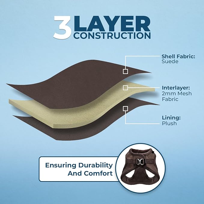 Best Pet Supplies - All Weather Mesh/Plush, Reflective, No Pull Harness for Small, Medium Dogs, Cats - Secure with Hook & Loop Fastener, Buckle, Double D-Rings - Chocolate Suede, L