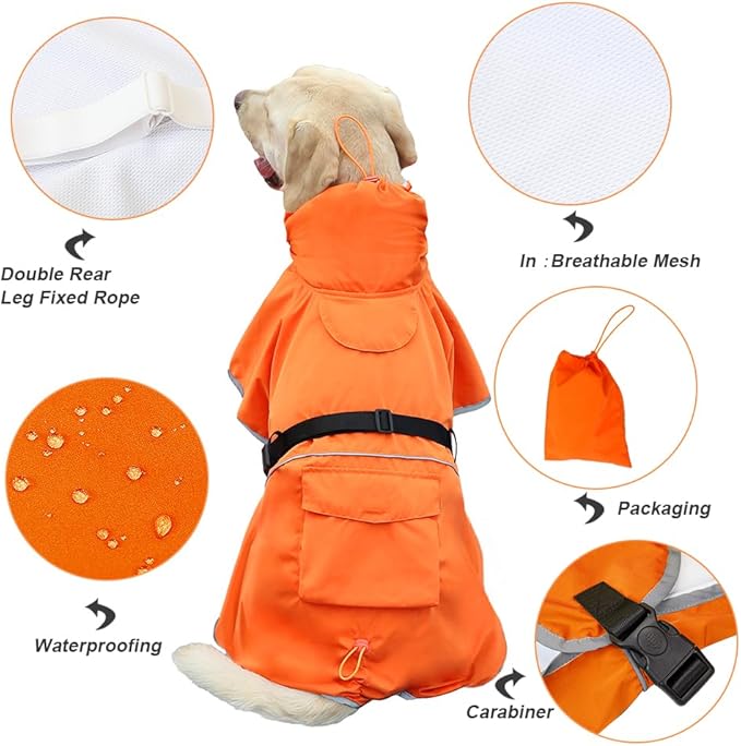 Reflective Dog Raincoat Waterproof Adjustable Dog Hooded Poncho Raincoat for Medium Large Dogs, Lightweight Pet Rain Jacket (Orange, 2XL)