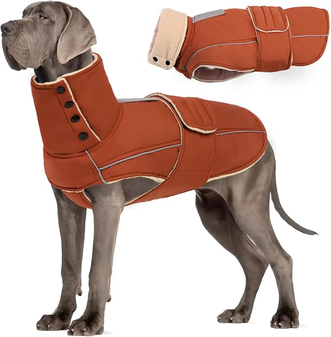 ASENKU Warm Dog Coat, Waterproof Dog Jackets for Large Dogs with Reflective Fleece Vest Turtleneck with Button,Windproof Cold Weather Coats for Small Medium Large Dogs, Red Brown, 4XL