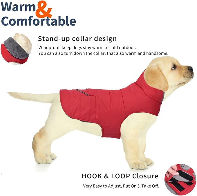 Dog Coat, Waterproof Dog Winter Jacket with Pocket, Reflective Adjustable Pet Snow Vest, Warm Cozy Fleece Sweater for Small Medium Extra Large Dogs - Red, 2XL