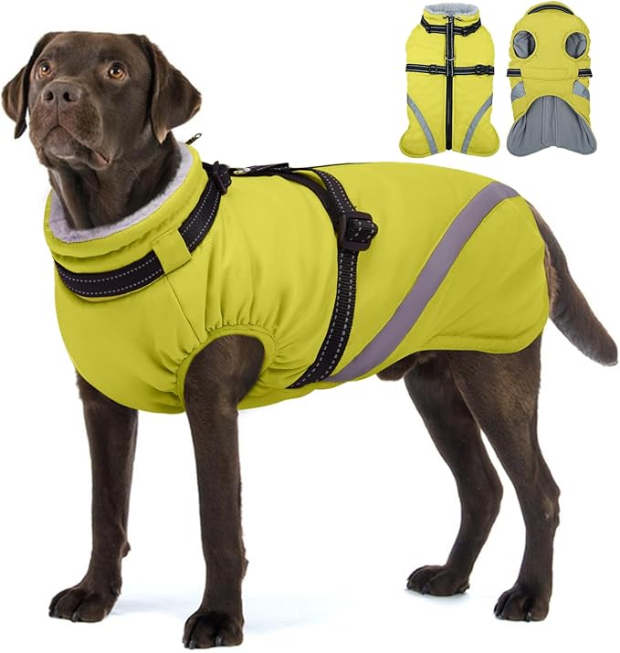 BRKURLEG Dog Winter Jackets for Large Dogs, Dog Coat with Harness Built in, Dogs Snowsuits with Zipper, Waterproof Windproof Pet Puffer Jacket Fleece Vest for Labrador, German Shepherd, Green XXXL