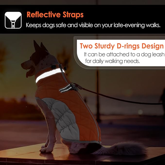 AOFITEE Dog Coat, Warm Dog Winter Coat, Reflective Cold Weather Dogs Puffer Jacket with Harness Built in, Waterproof Pet Fleece Vest Snowsuit for Small Medium Large Dogs, Orange L