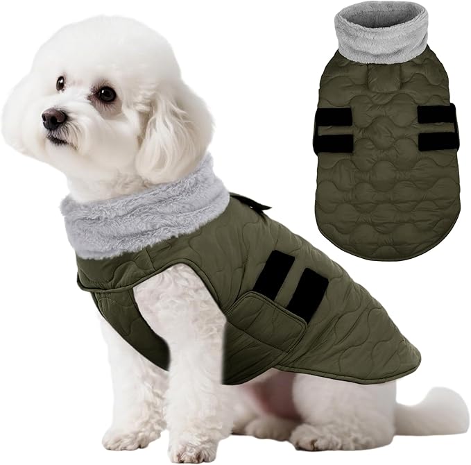 Kuoser Dog Jackets for Small Dogs, Warm Dog Coat with Leash Hole, Winter Jacket Pet Clothes for Cold Weather, Waterproof Doggie Winter Vest for Pug Dachshund, Green S