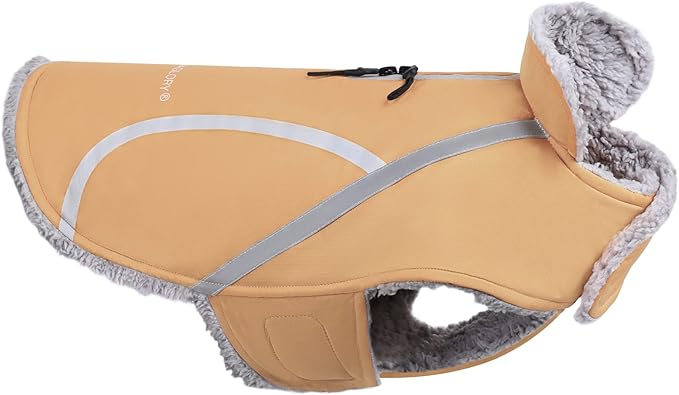VIVAGLORY Frostfit Dog Coat, Dog Jacket for Winter & Cold Weather, Warm Fluffy Fleece Lined Water Resistant Reflective for Puppy, Coat with Velcro Fastening & Leash Hole, M, Khaki