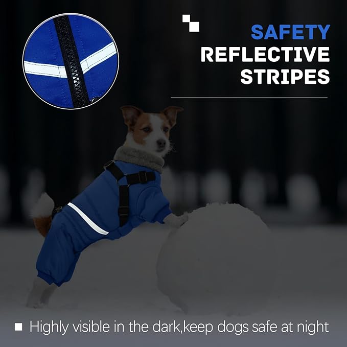 BRKURLEG Blue Dog Winter Coat, Cozy Winter Dog Jackets, Small Dogs Coat with Harness, Onesie Body Warm Puppy Christmas Jacket, Pet Reflective Cold Weather Jackets, Puppy Four-Legged Puffer Coats, S
