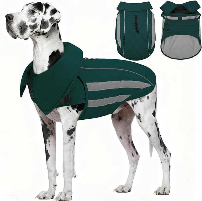 IECOii 5XL Waterproof Dog Jacket - Thermal Fleece Lining & Reflective Coats for Cold Weather, Adjustable Great Dane Winter Coat for Camping, Hiking, Green, Sizes XXXXXL