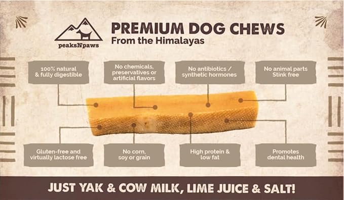 peaksNpaws Yak Cheese, High Protein, Himalayan Dogs Chews, Natural Dog Treats, Lactose Free, Long Lasting Dogs Treat for Aggressive Chewers Under 55 lbs, 4 Large Chew Sticks