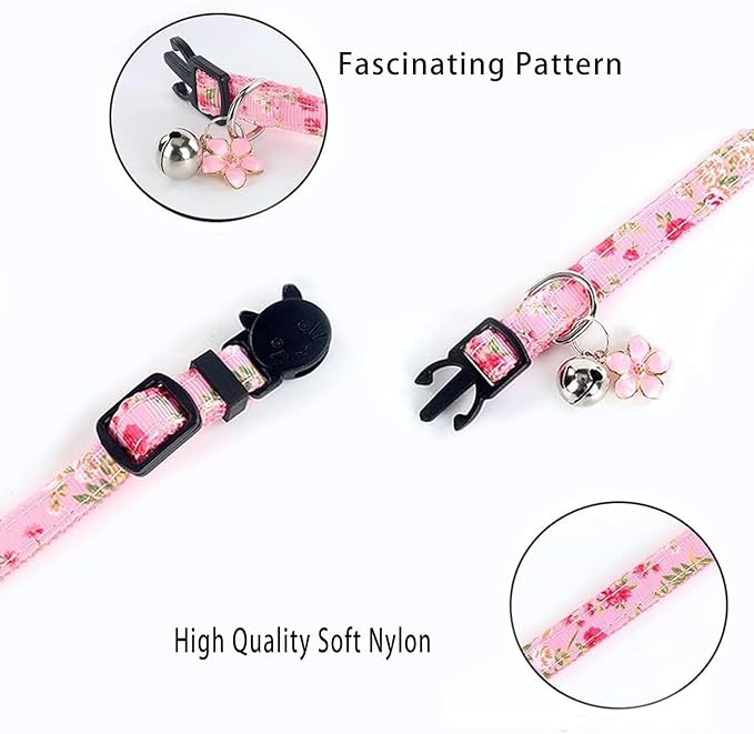 4 Pack Breakaway Cat Collar with Bell,Safety Adjustable Cat Collars Set with Flower Pattern,Ideal for Girl Cats Boy Cats