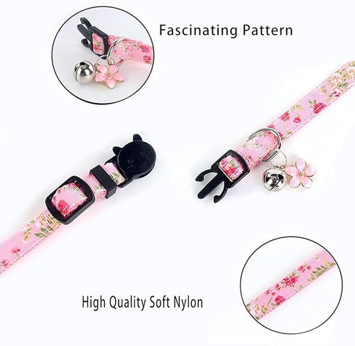 4 Pack Breakaway Cat Collar with Bell,Safety Adjustable Cat Collars Set with Flower Pattern,Ideal for Girl Cats Boy Cats